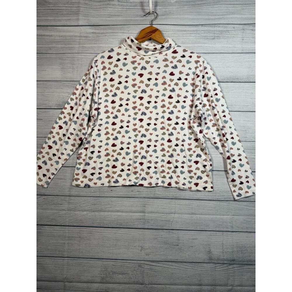 Vintage Falls Creek Women's XL Cream Heart Print Turtleneck Long Sleeve Top 4336
